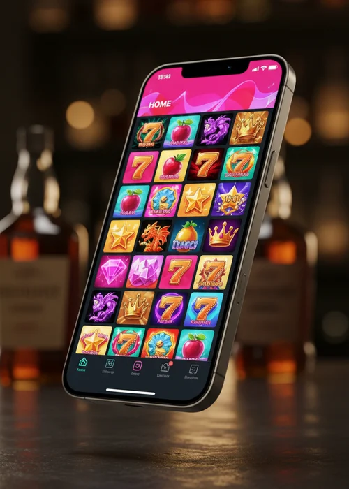 Screenshot of Wave Casino's PWA interface on a mobile phone, showing a game lobby with popular slot titles and the 'Add to Home Screen' prompt, highlighting instant access on the go.